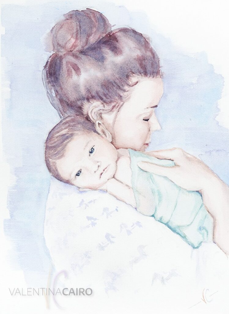 "A mother's arms are made of tenderness and children sleep soundly in them." -Victor Hugo- Precious moment - watercolour on Arches paper 31x41