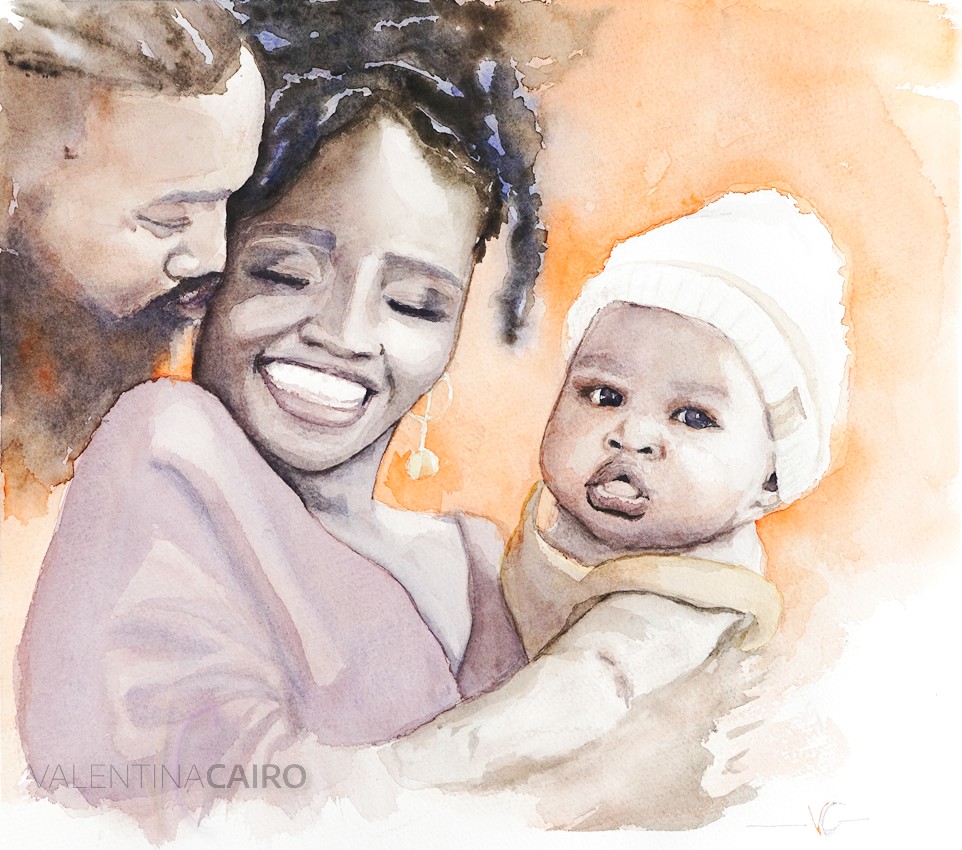 “Family is not an important thing. It's everything.” Michael J. Fox The sweet and open smile of this mother is magnetic, I love her! Happiness - watercolour in hugs