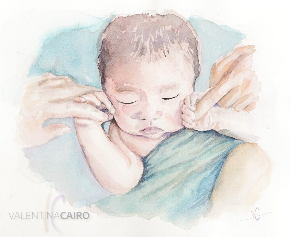 "When a newborn grips his father's finger with his little fist for the first time, he's got hold of him forever." - Gabriel García Márquez Little fists - watercolour on Arches paper 31x41